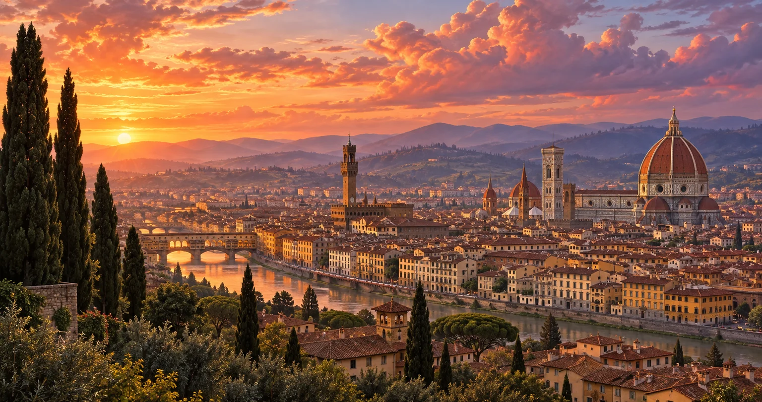 Florence reimagined beneath a peach and lavender sunset