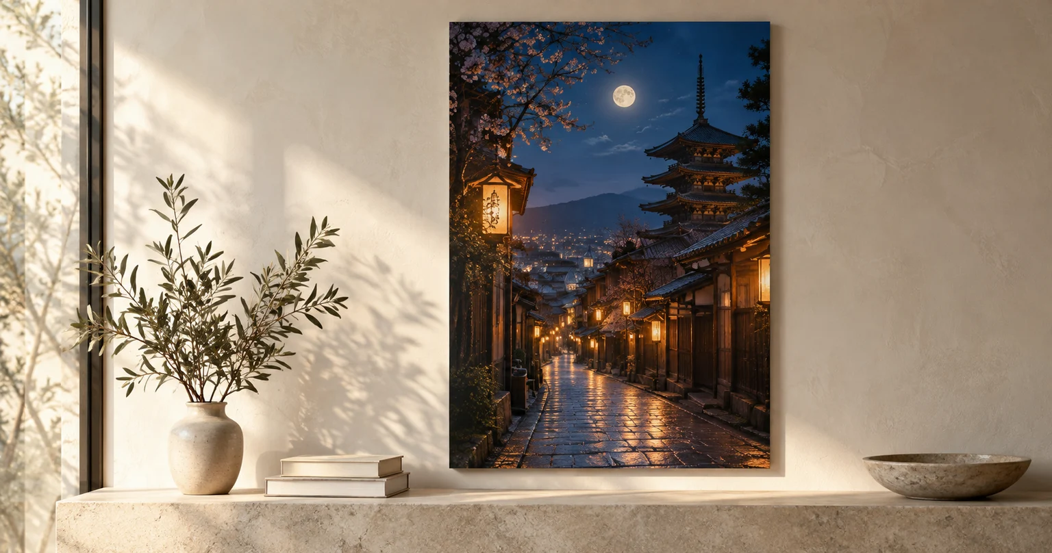 A moonlit Kyoto alley on canvas above a stone console