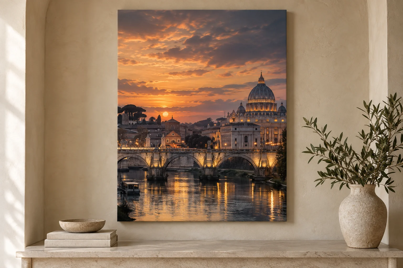 An imagined Rome at sunset, printed on canvas in a warm contemporary interior