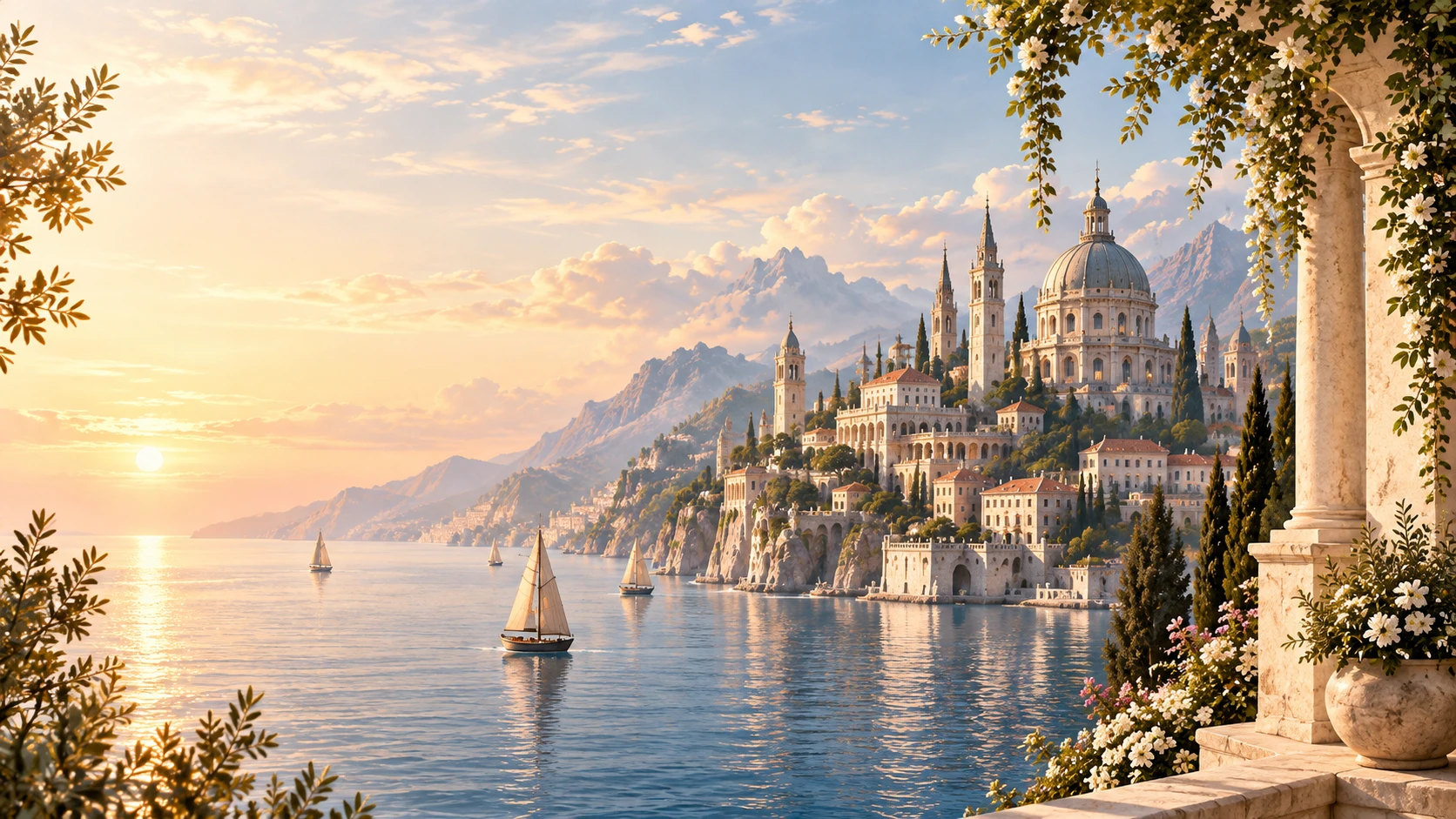 An imagined Mediterranean city above a sunlit sea